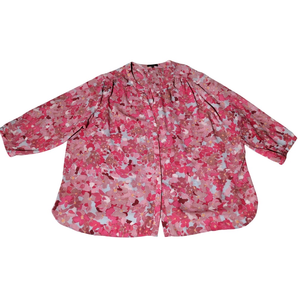 NYDJ Womens 2X Pink Floral Pintuck V-Neck Hidden Button Blouse 3/4 Sleeve